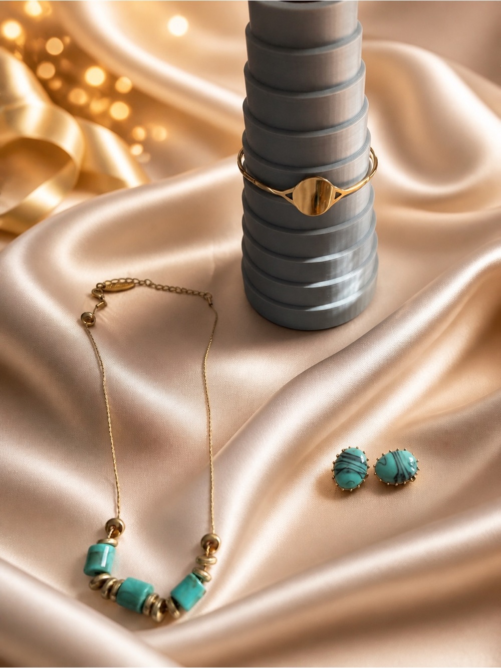 Gold-Plated Turquoise Bead Necklace and Stud Earrings Set